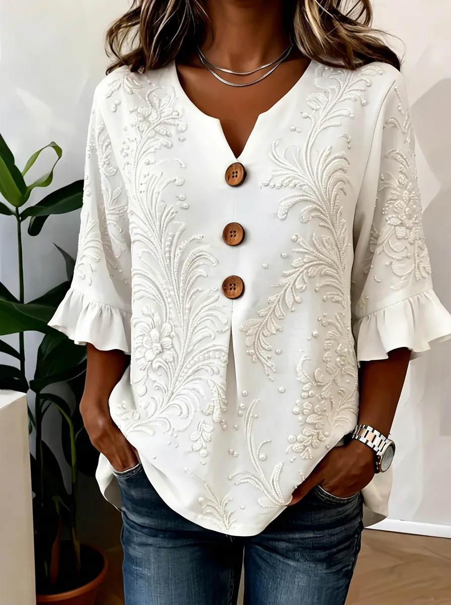 Women's Nashville Floral Embroidery Buttoned Ruffle Sleeve Top