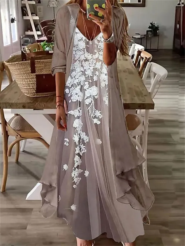 Women's Casual Dress Dress Set Two Piece Dress Long Dress Maxi Dress Purple Brown Green Half Sleeve Flower Print Summer Spring V Neck Fashion Vacation 2023 S M L XL XXL 3XL
