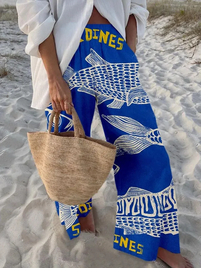 Women'S Retro Fish Pattern Unique Ocean Print Elastic Waist Loose Pocket Casual Pants