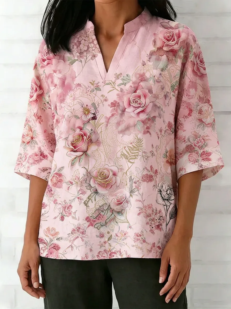Women's Nashville Floral Rose Printed V-neck Top