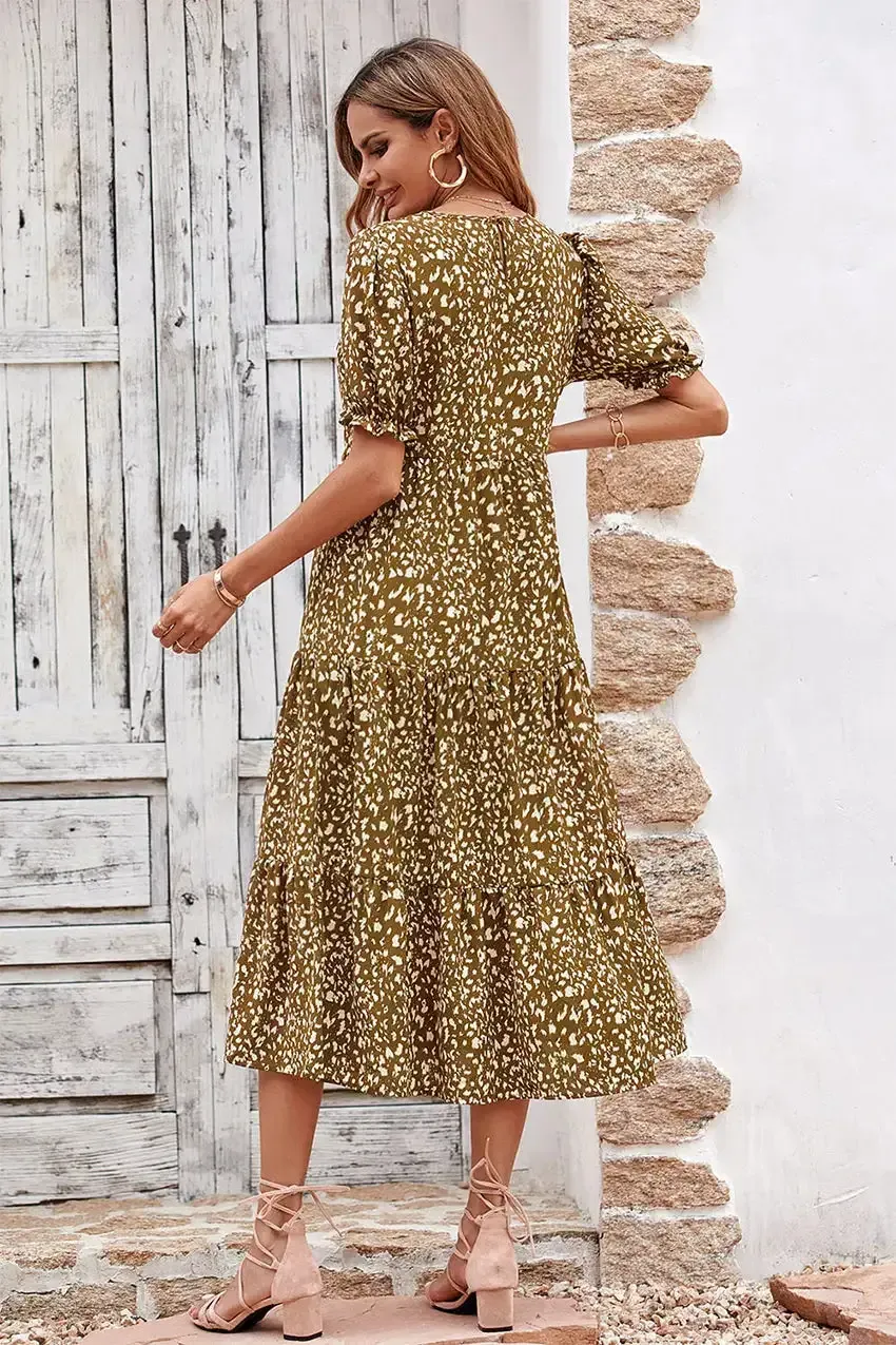 Floral Print Ruffle Puff Sleeve High Waist Midi Dresses