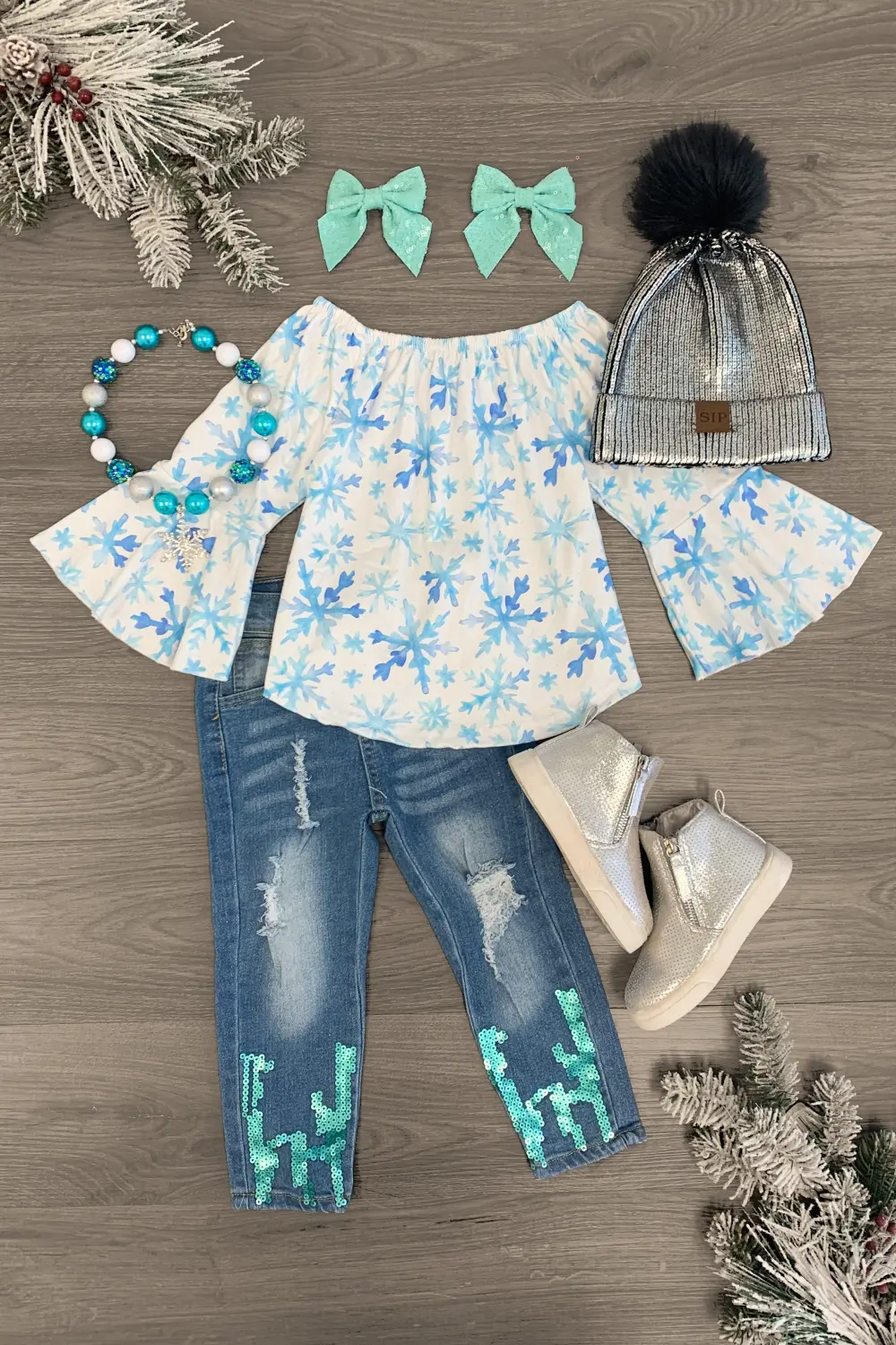 White & Blue Snowflake Sequin Denim Pant Set