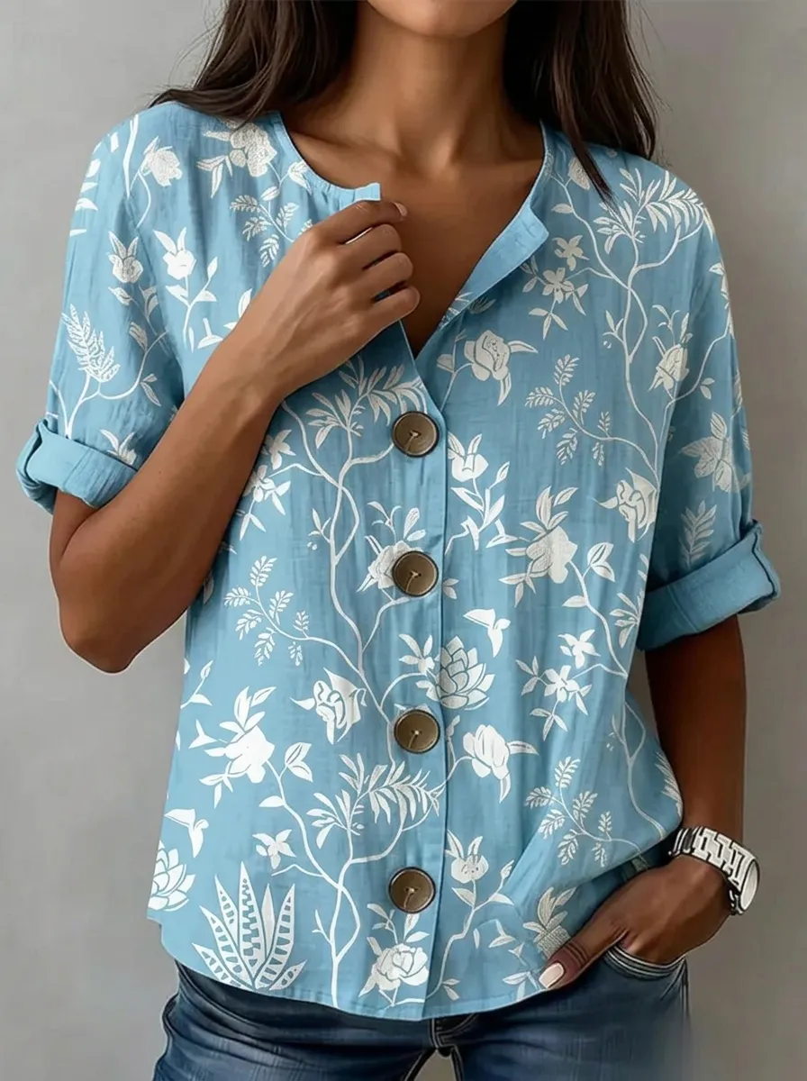 Women's Nashville Floral Botanical Printed Button-Down Shirt