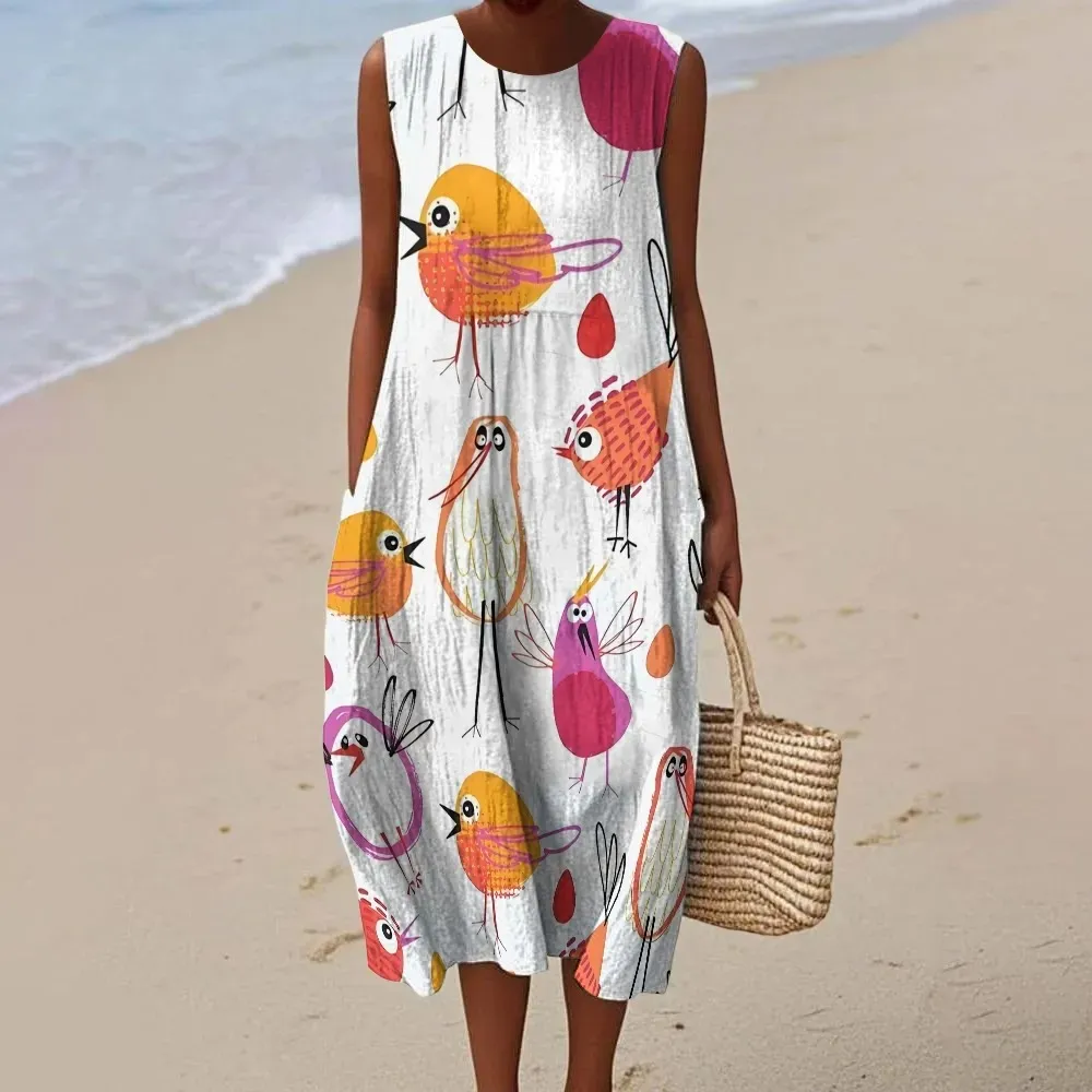 Cute Chick Print Sleeveless Cotton Pocket Wrap Dress For Women