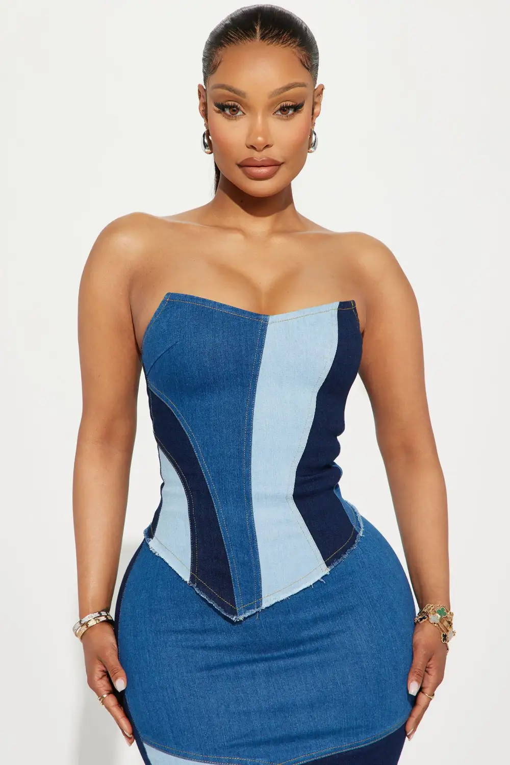 Kamari Denim Colorblock Skirt Set - Dark Wash
