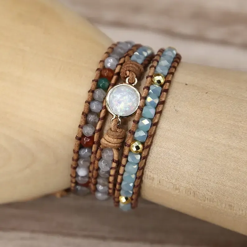Healing Opal Protection Bracelet-Opal Stone Bead Meditation Bracelet-Natural Opal Moonstone Inspiring Bracelet-Leather Wrap Bracelet Gift