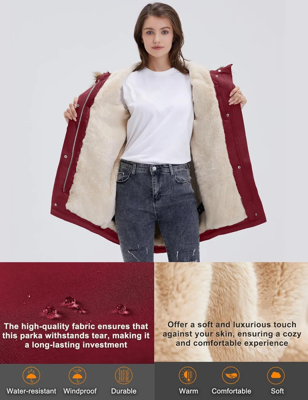 Women's Winter Coats Fleece Lined Parka Jacket Hooded Long Winter Warm Parka Coat with Pockets