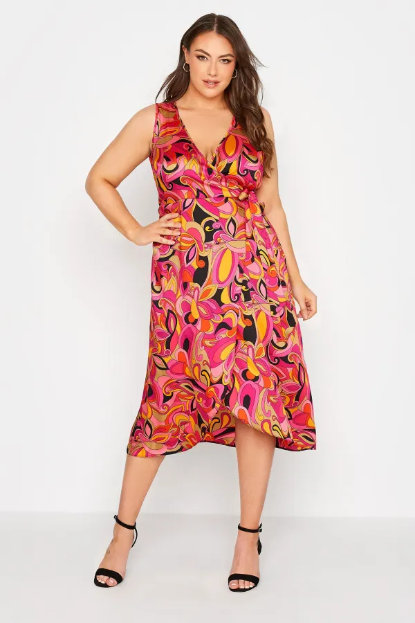 YOURS LONDON Curve Hot Pink Abstract Print Satin Wrap Dress