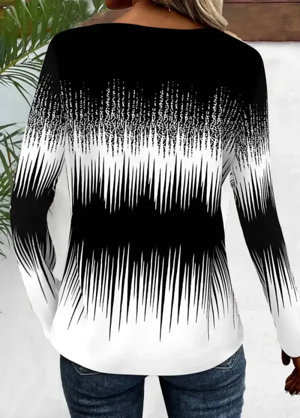Black Patchwork Ombre Long Sleeve V Neck T Shirt