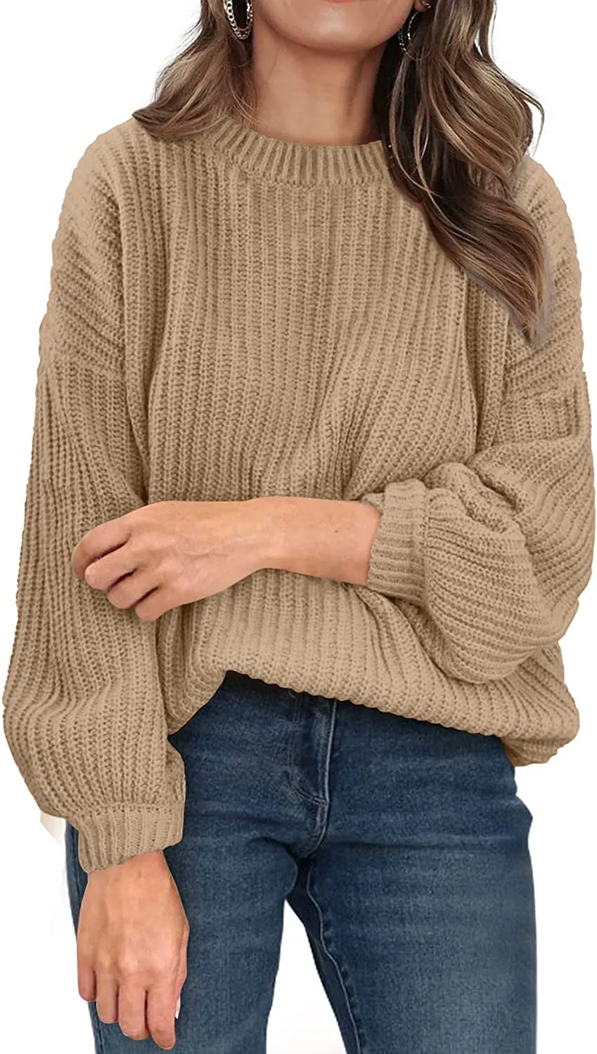 Women's Crew Neck Loose Drop Shoulder Lantern Sleeve Casual Solid Color Knit Pullover Sweater
