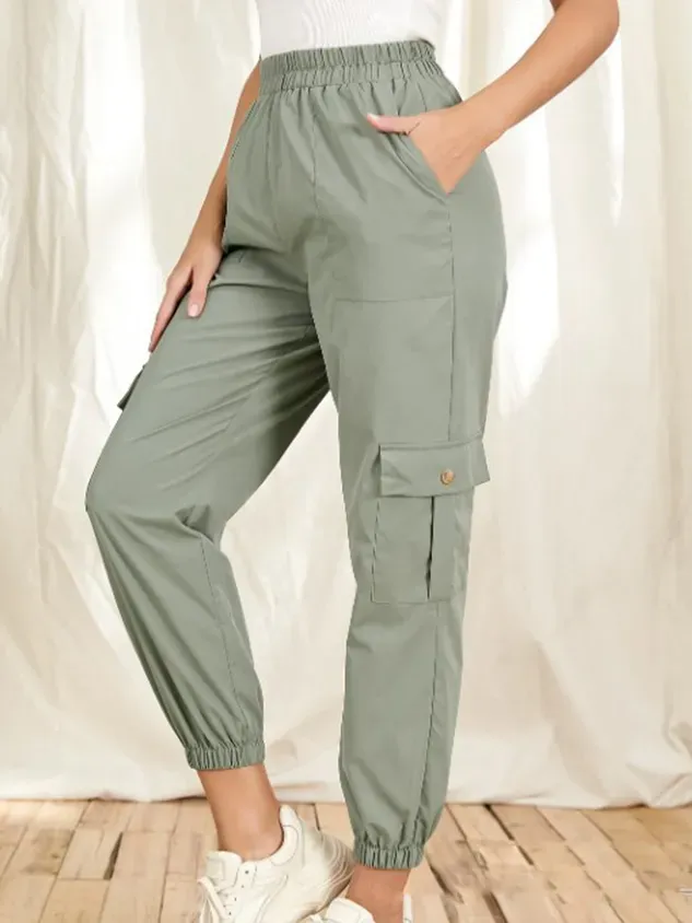 Casual Plain Mid Waist Long Cargo Pants
