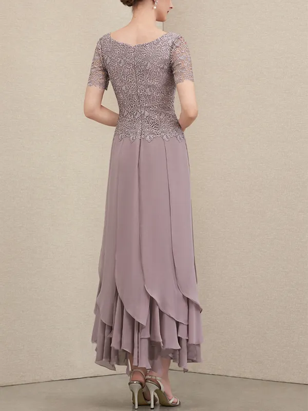 A-Line Scoop Neck Ankle Chiffon Lace Bridal Mom Gown with Layered Ruffles
