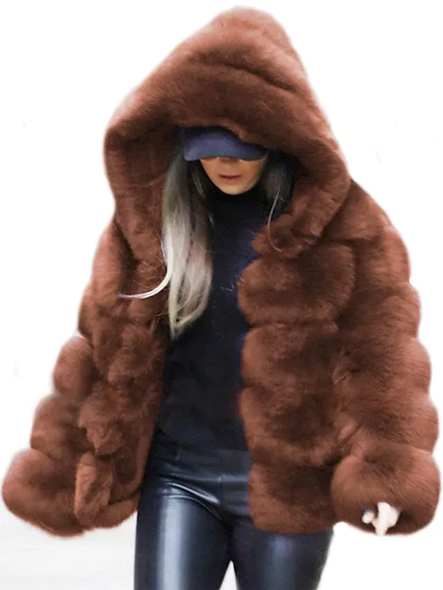 Women's Faux Fur Coat Regular Oversized Coat Sapphire Black Wine Dark Green khaki Party Party Fall Hoodie Regular Fit S M L XL XXL 3XL / Daily