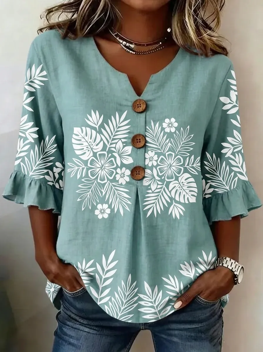 Women's Nashville Tropical Floral Printed Button V-Neck Top