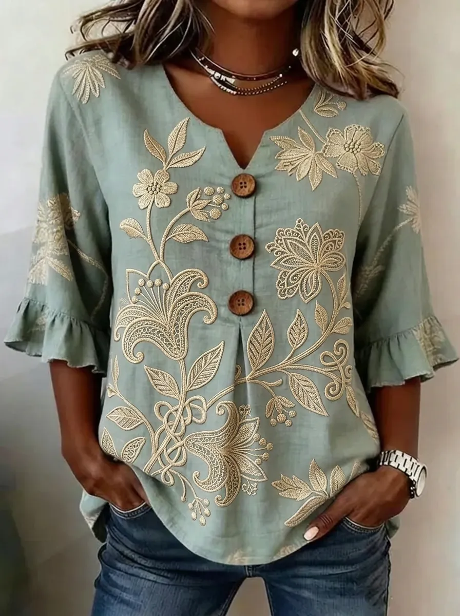 Women's Nashville Floral Embroidered Ruffle Sleeve Button Top