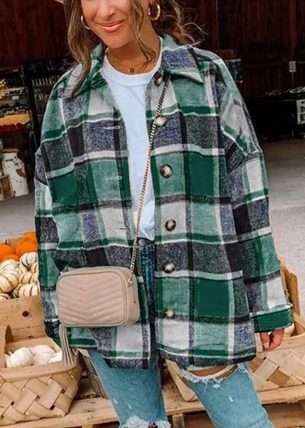 Women's 2023 Fall Clothes Plaid Shacket Jacket Long Sleeve Button Down Flannel Shirts Fashion Blouse