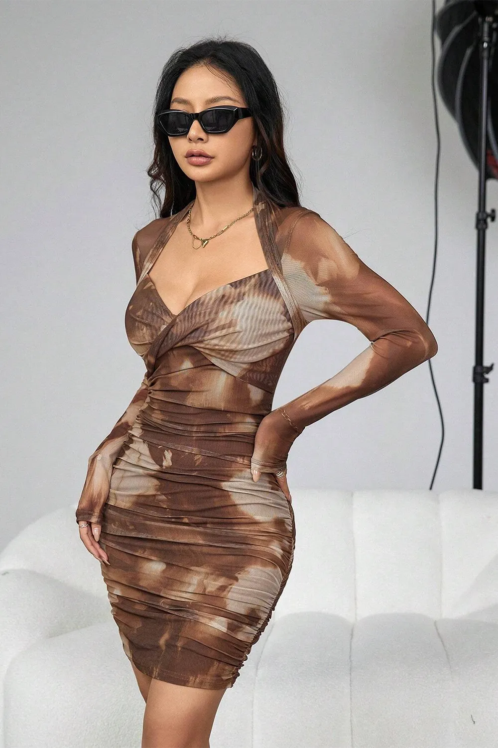 Random Printed Mesh Long Sleeve Dress