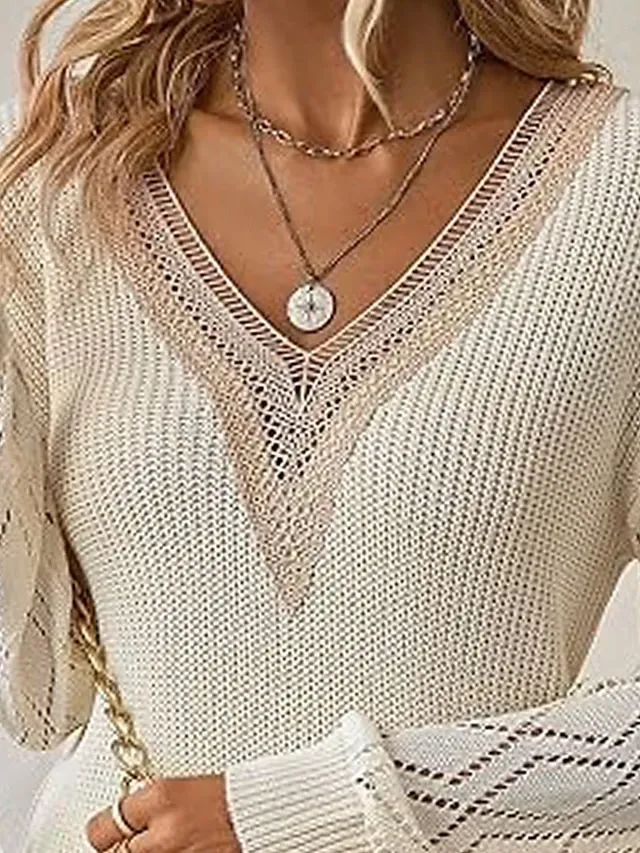 Women's Pullover Sweater Jumper Elegant Solid Color Ribbed V Neck Lace Long Sleeve Regular Tops Knit Daily Black White Spring Fall