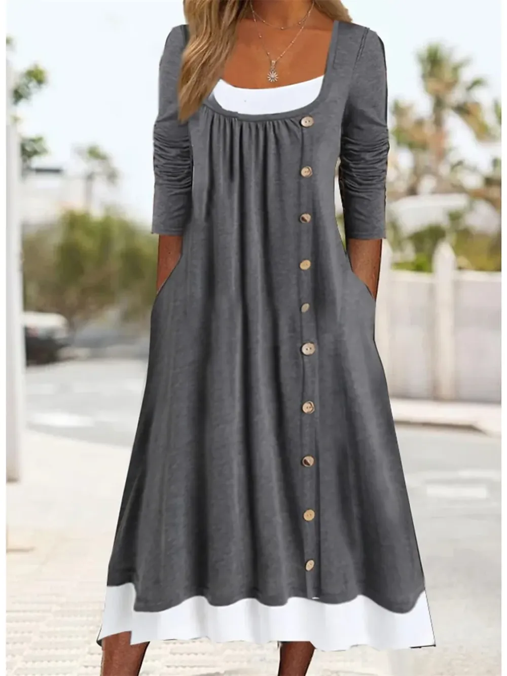 Women's Long Sleeve U-neck Button Midi Dress