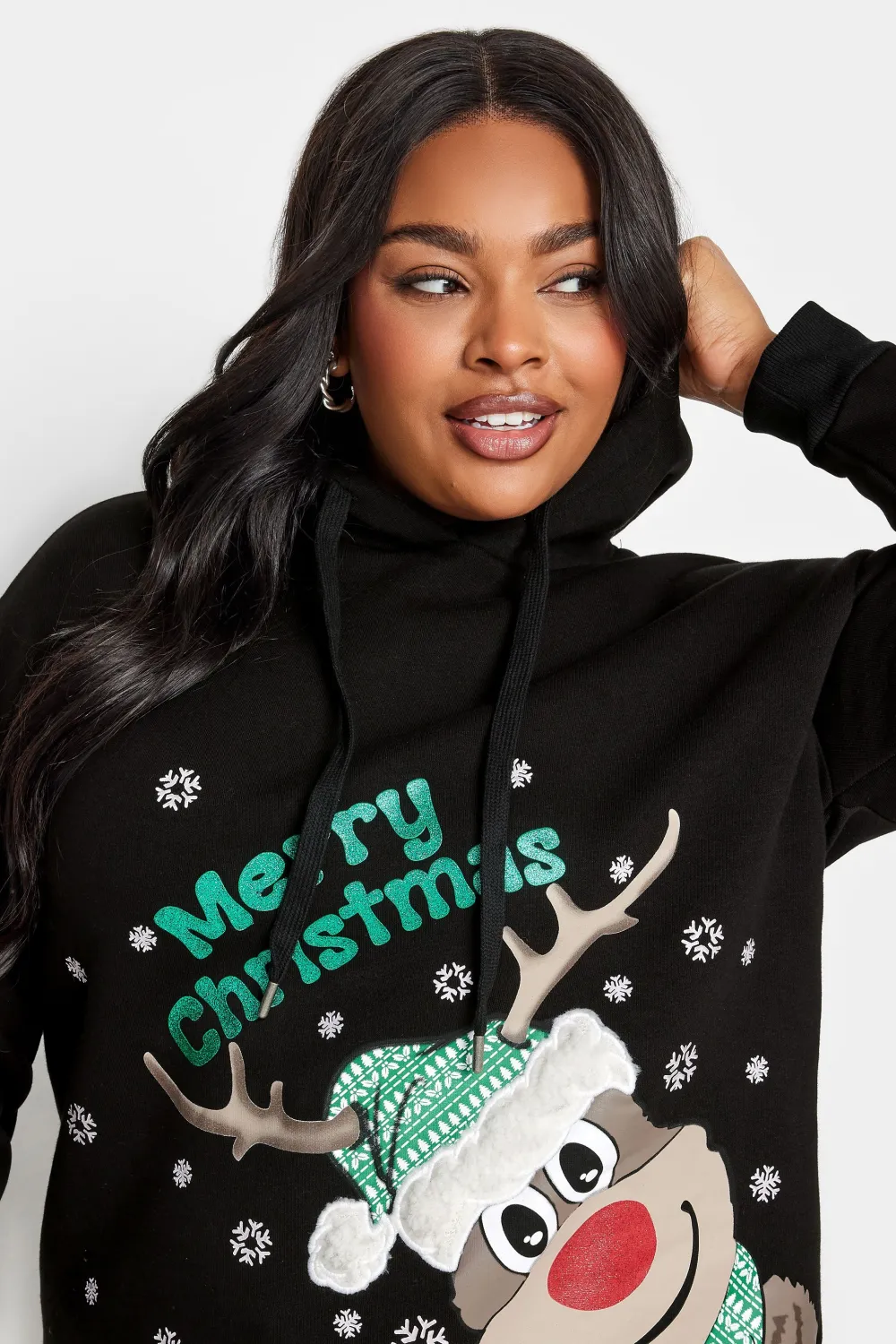 YOURS Curve Black 'Merry Christmas' Reindeer Print Hoodie