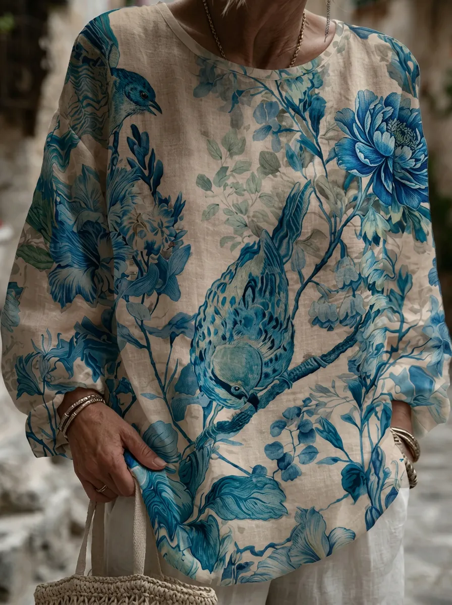 Women's Nashville Nature Lover Blue Bird Floral Printed Top