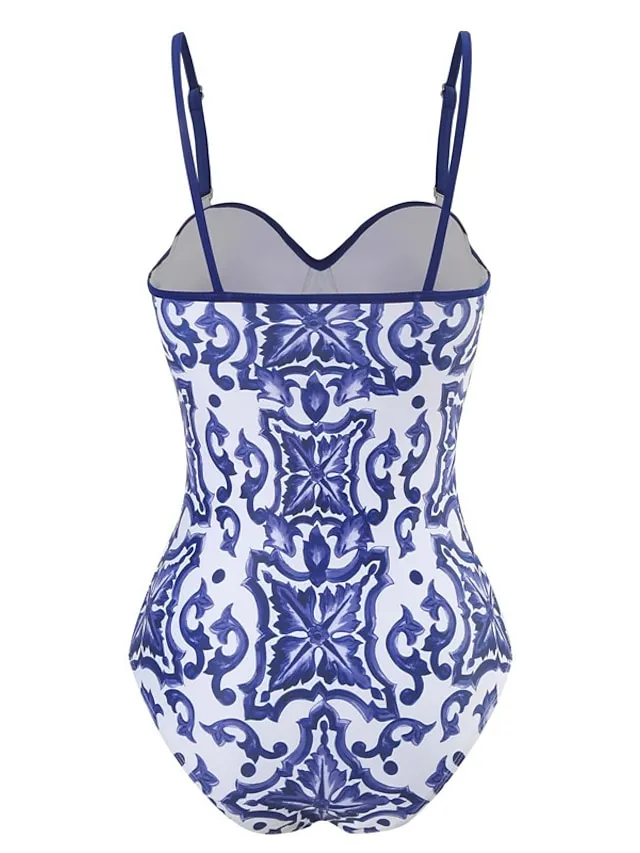 Women's Swimwear One Piece Monokini Normal Swimsuit Tummy Control Open Back Printing Flower Navy Blue Blue Strap Bathing Suits Sexy Vacation Fashion