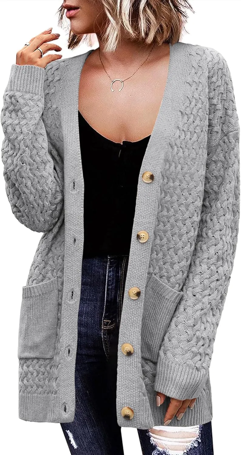 Womens 2024 Long Sleeve Chunky Cable Knit Fall Cardigans Sweaters Button Down Open Front Outerwear with Pockets