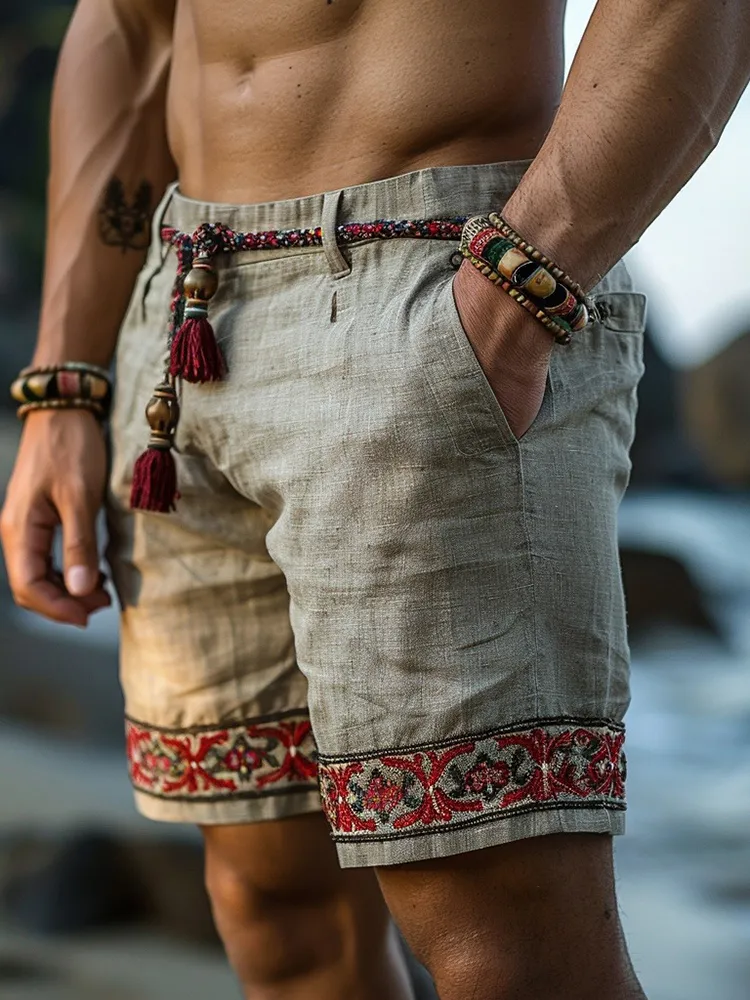 Retro Ethnic Casual Linen Shorts Bohemian Style Shorts