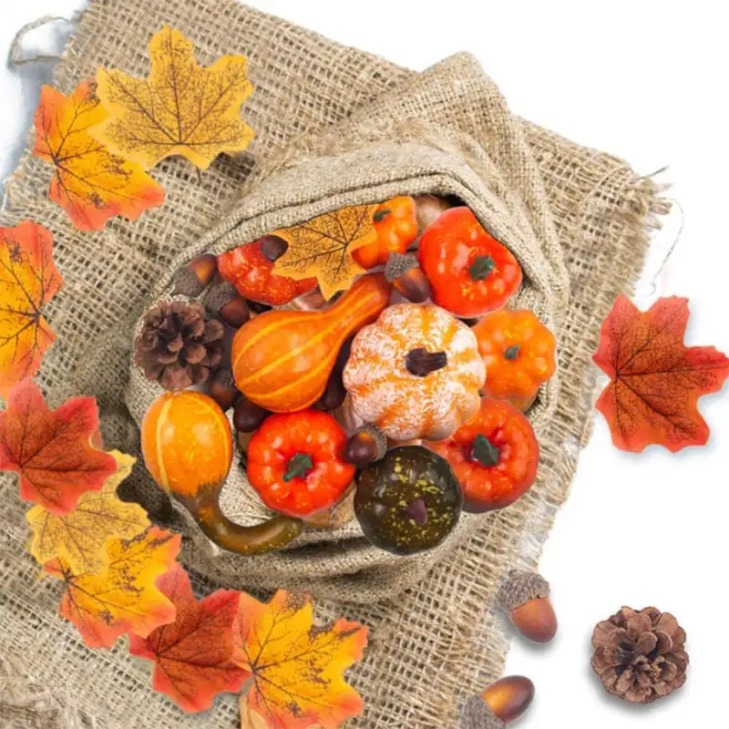 50pcs Simulation Pumpkin Golden Autumn Mini Pumpkin Set Halloween Pumpkin Thanksgiving Decoration Pumpkin Pine Cones Acorns Prop