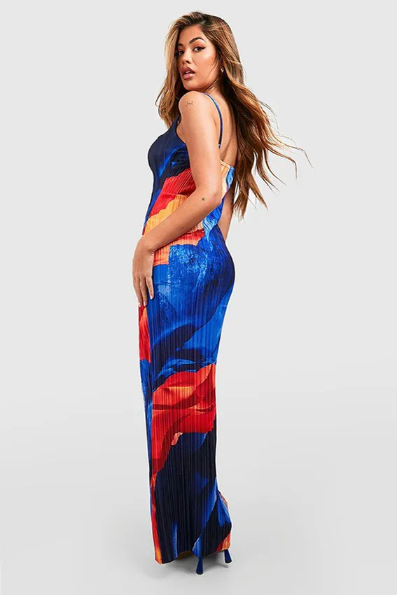 Cowl Neck Abstract Plisse Maxi Dress-BLUE