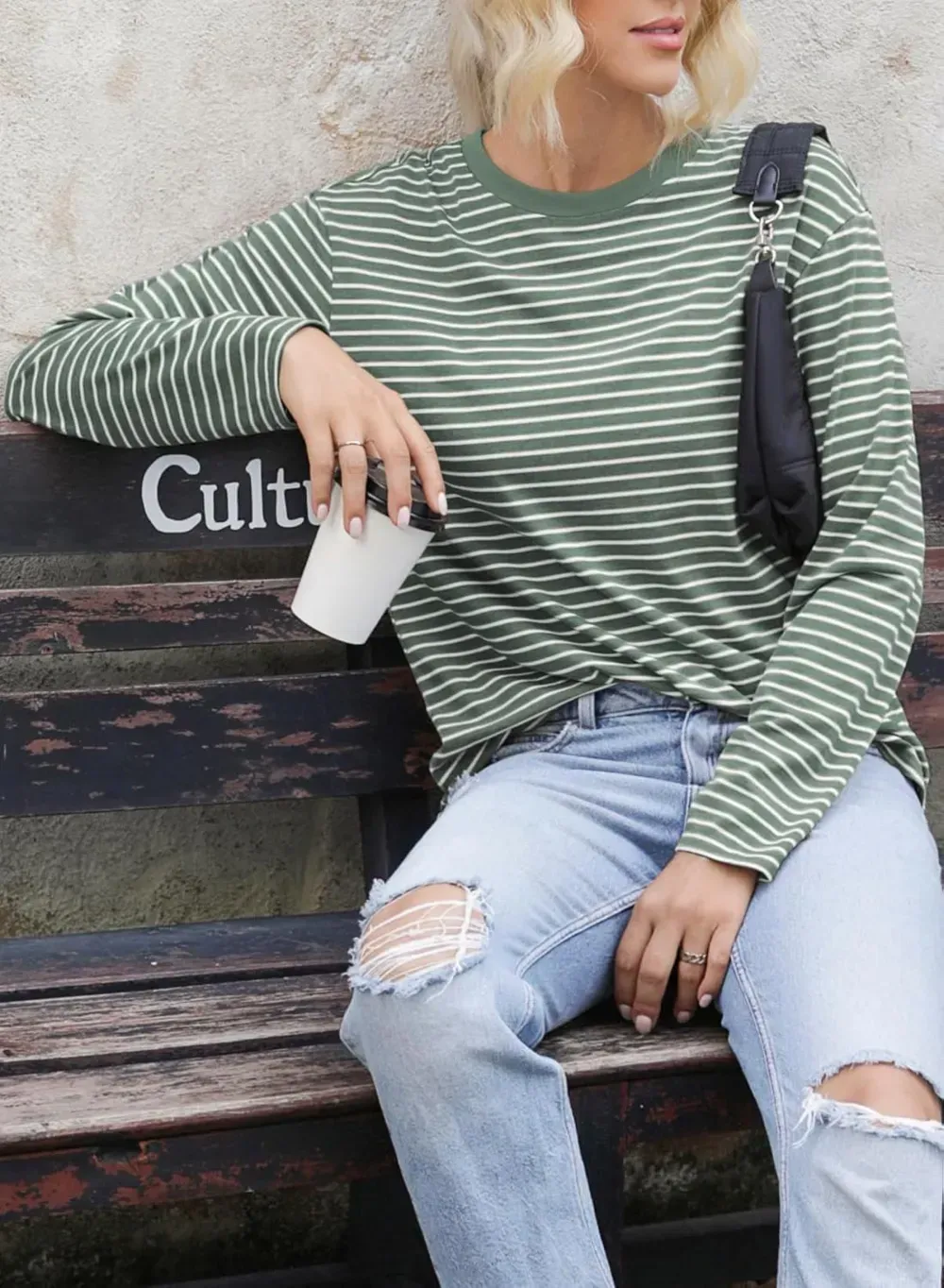 Dokotoo Women's Casual Striped Long Sleeve Tops Crew Neck Knit Ribbed Basic T Shirts