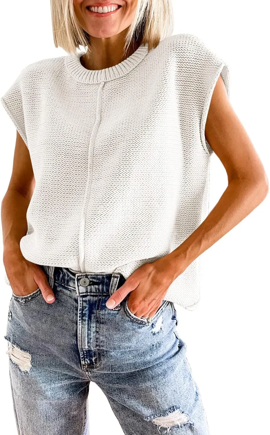Saodimallsu Womens Summer Cap Sleeve Tops Casual Crew Neck Loose Fit Knit Lightweight Sweater Pullover Top