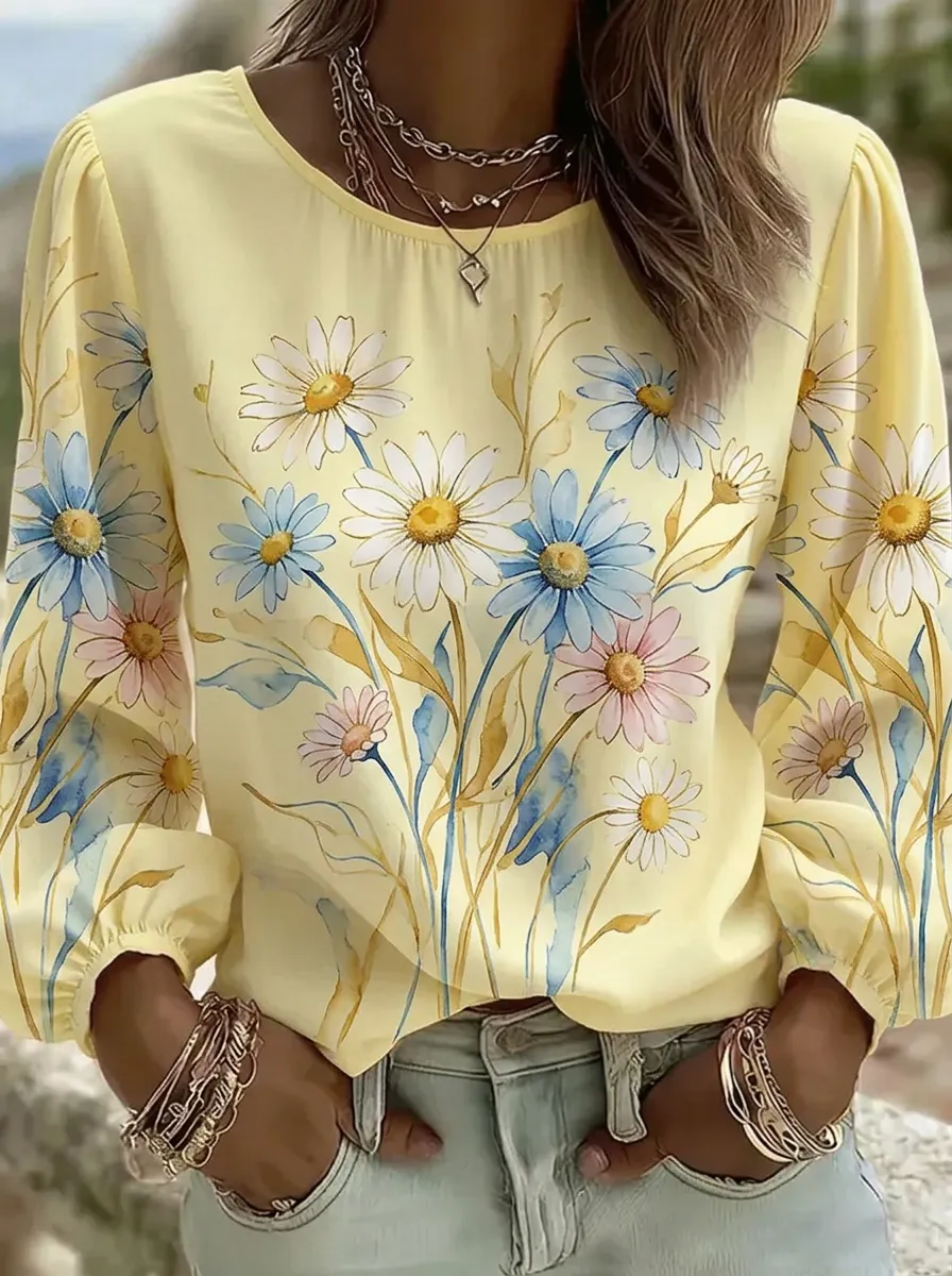 Women's Nashville Floral Daisy Watercolor Printed Long Sleeve Top