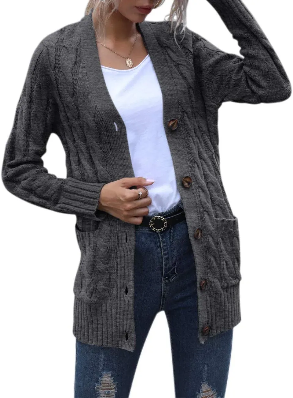 MEROKEETY Women's 2024 Fall Long Sleeve Cable Knit Sweater Open Front Cardigan Button Loose Outerwear