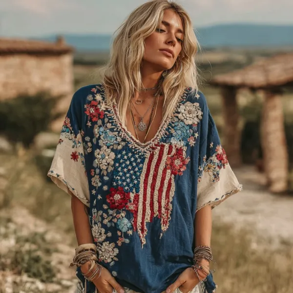 Women's Vintage Independence Day Flag Floral Embroidery V-neck T-shirt