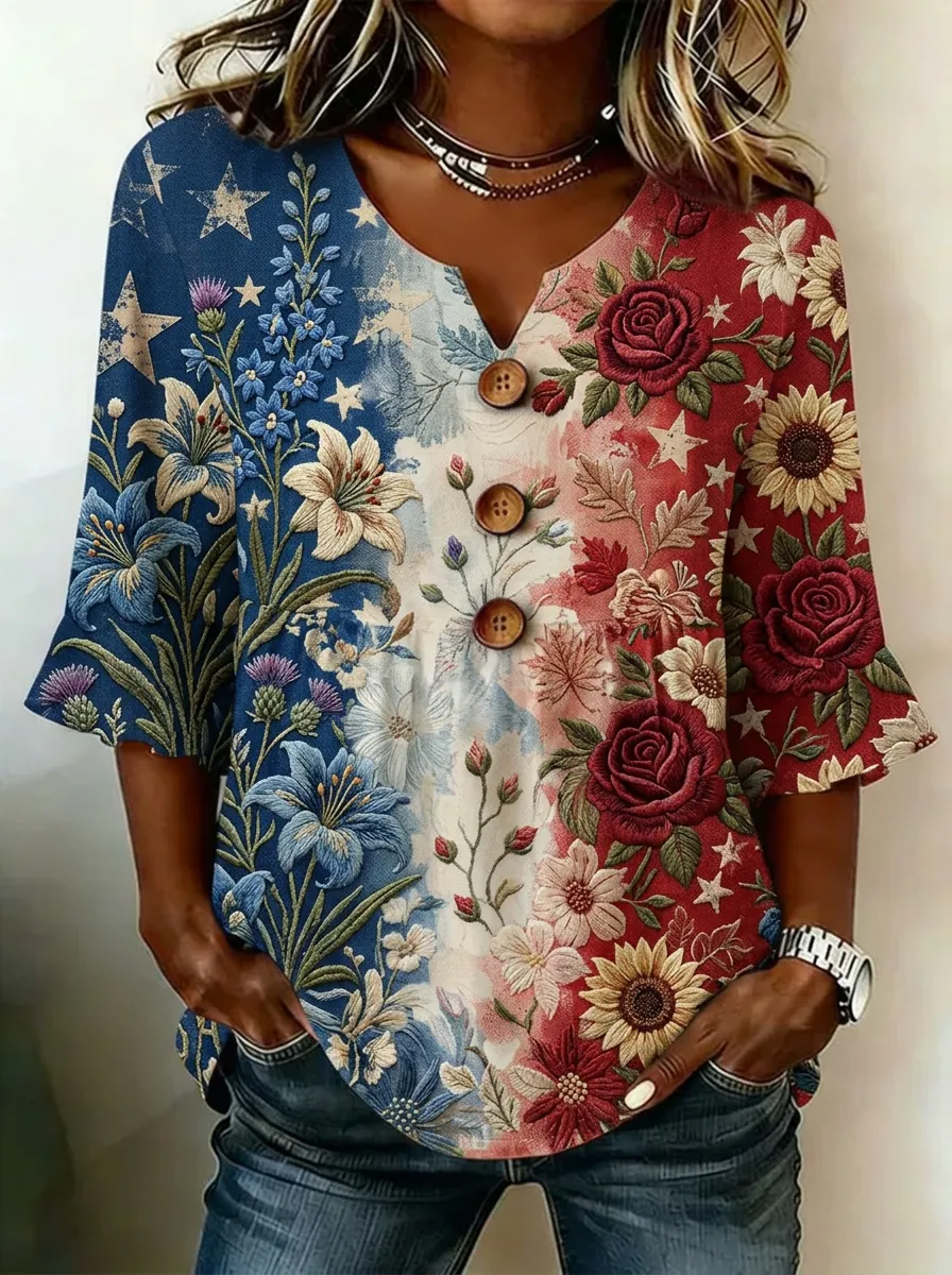Women's Nashville Floral Star Pattern Printed V-Neck Button Top
