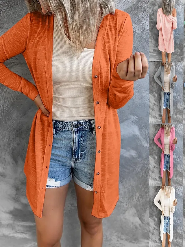 Women's Cardigan Sweater Cowl Ribbed Knit Polyester Button Summer Spring Outdoor Home Halloween Casual Soft Long Sleeve Solid Color Black White Light Green S M L