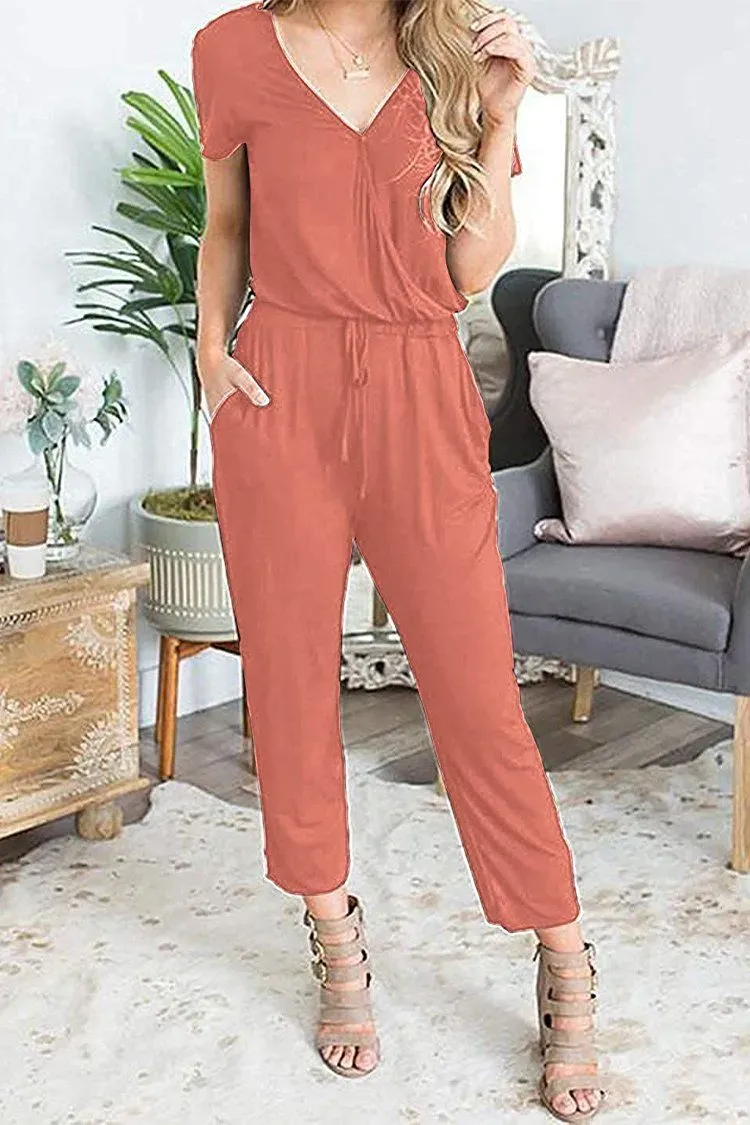 Deep V Neck Wrap Drawstring Waist Jumpsuit