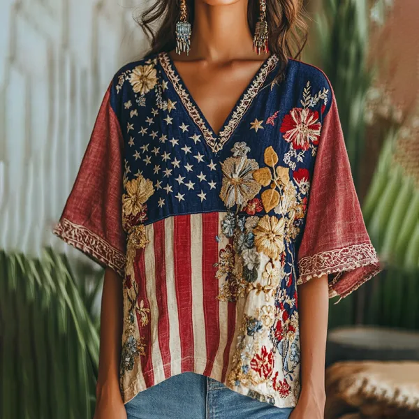 Women's Vintage Independence Day Flag Floral Embroidery Print V-neck Loose T-shirt