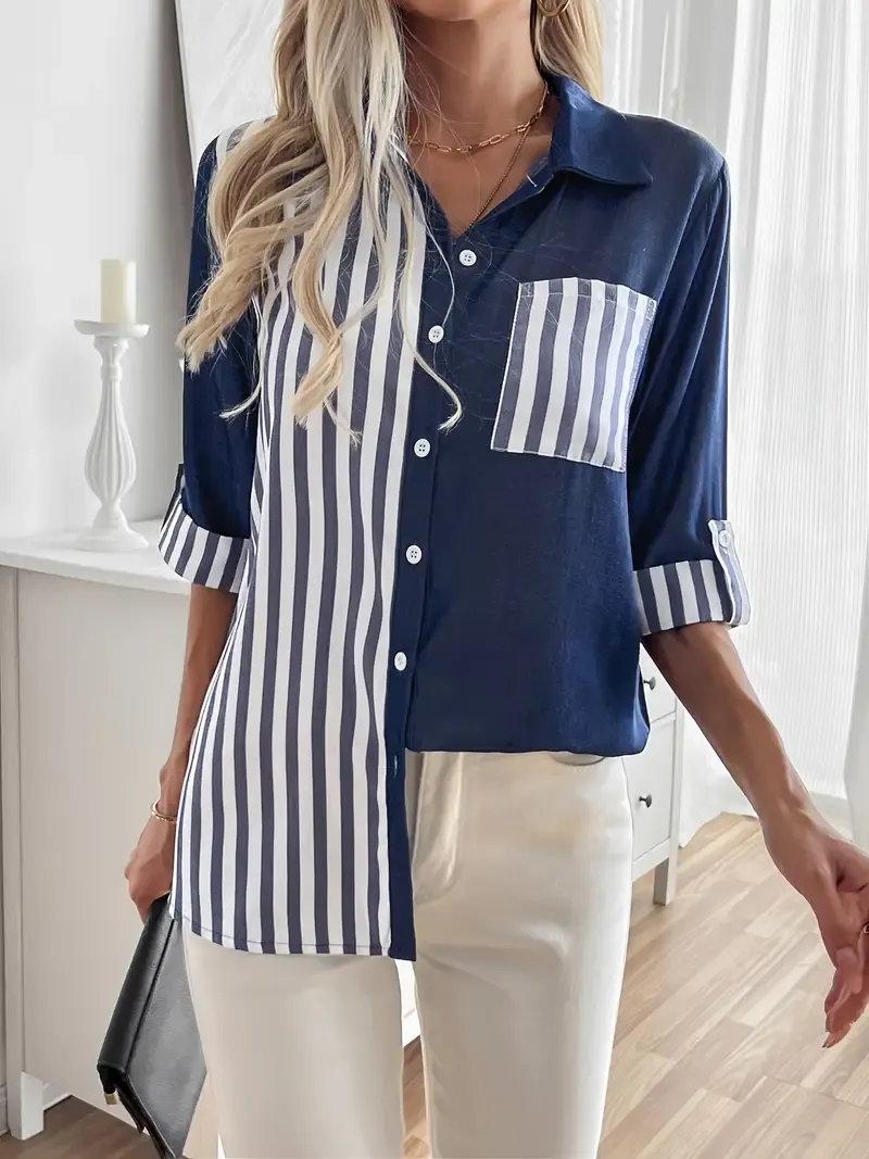Stripe Print 3/4 Sleeve Pocket Blouse for Women, Casual Spring Summer Top