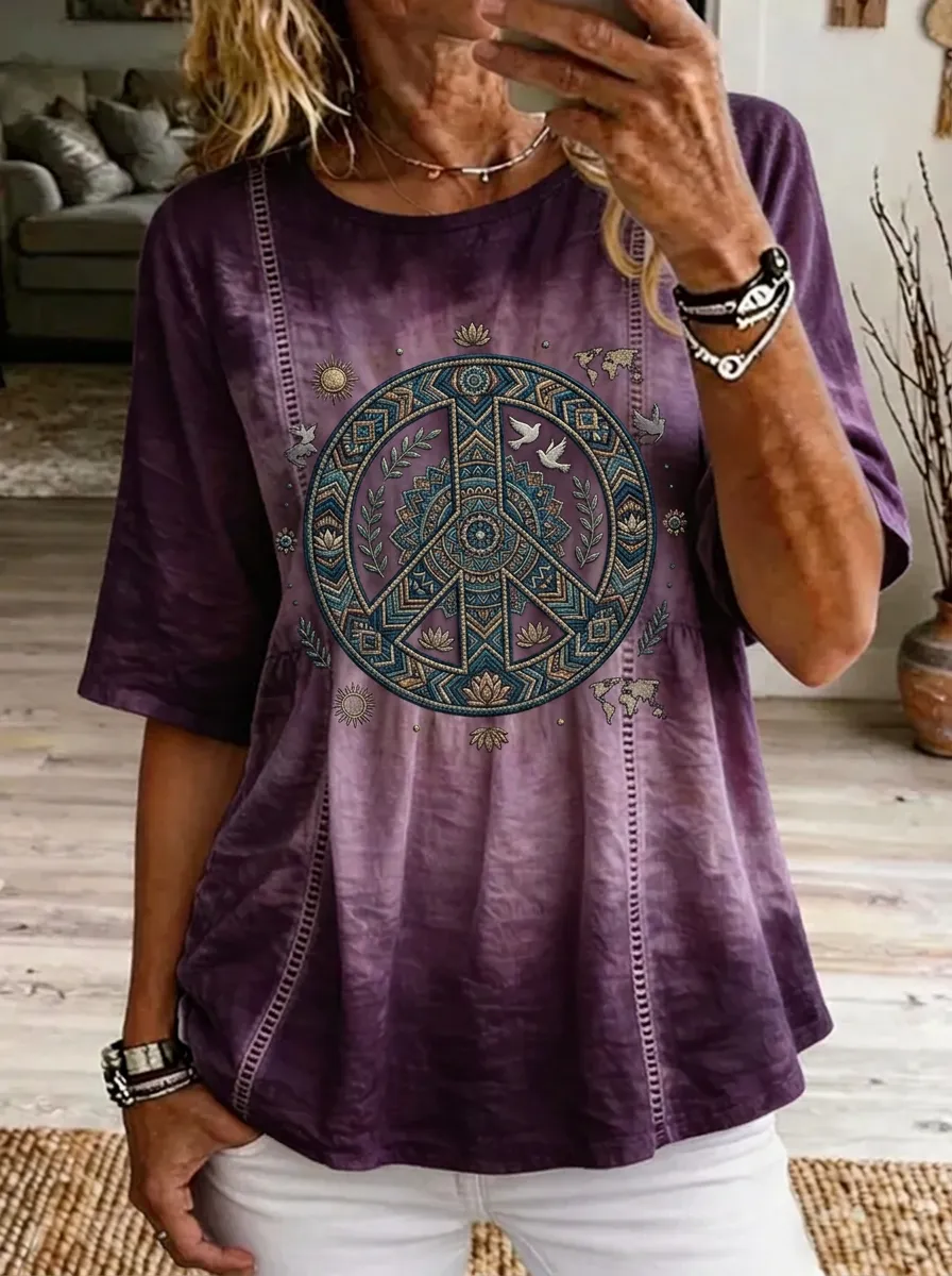 Women's Nashville Boho Peace Sign Mandala Printed T-shirt