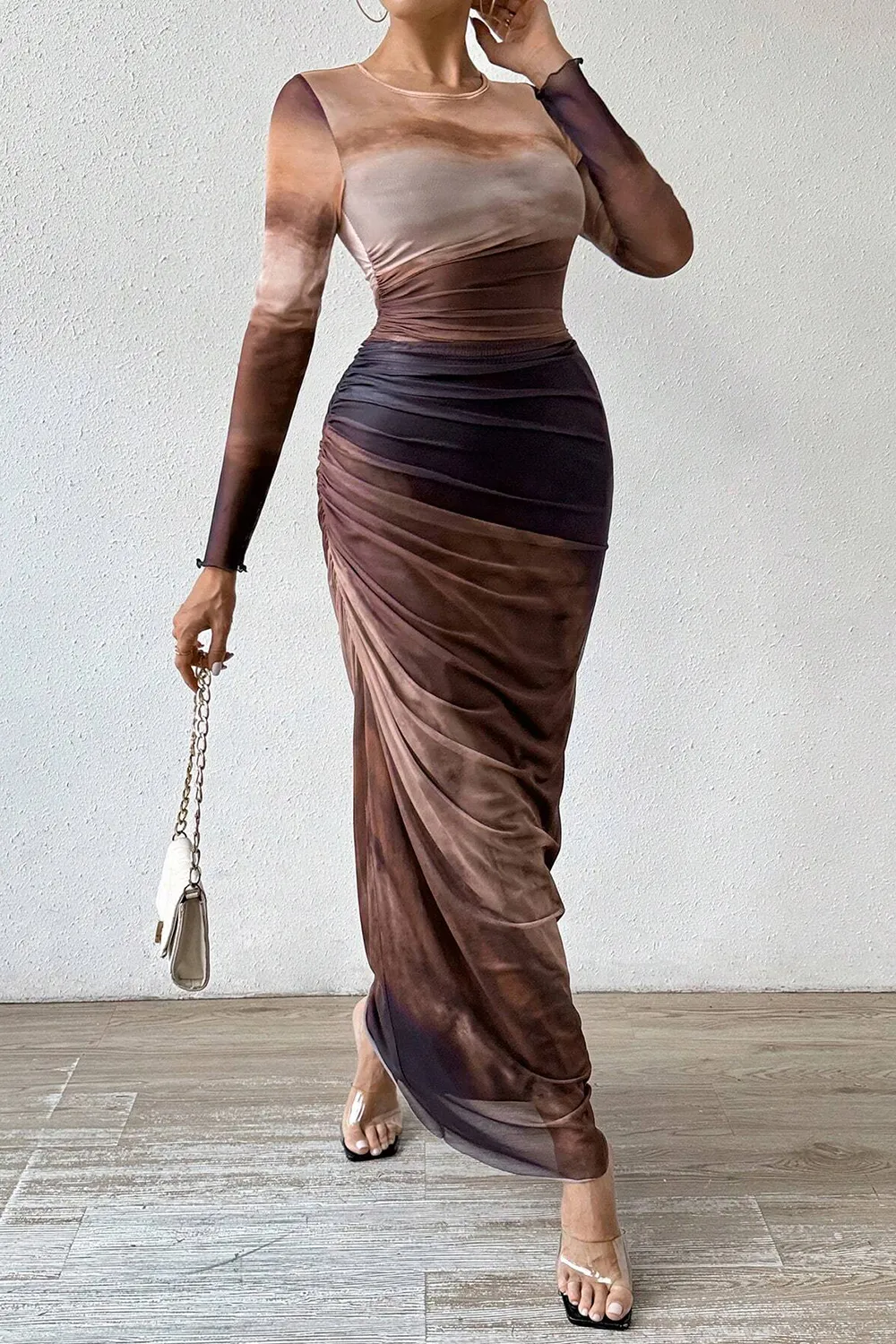 Women's Tie Dye Long Sleeve Pleated Dress Multicolor