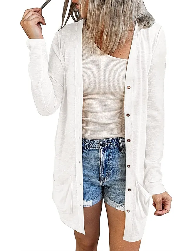 Women's Cardigan Sweater Cowl Ribbed Knit Polyester Button Summer Spring Outdoor Home Halloween Casual Soft Long Sleeve Solid Color Black White Light Green S M L