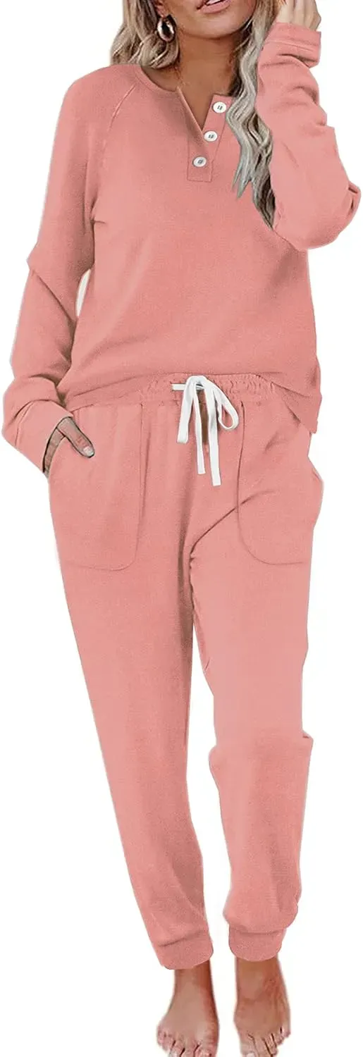 Two Piece Outfits for Women Lounge Sets Button Down Sweatshirt Sweatpants Sweatsuits Set with Pockets
