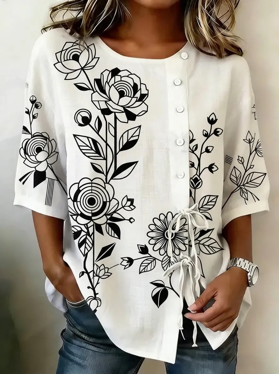 Women's Nashville Floral Black and White Printed Button-up Top