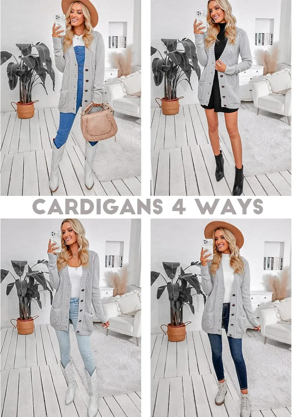 Womens Long Sleeve Open Front Buttons Cable Knit Pocket Sweater Cardigan