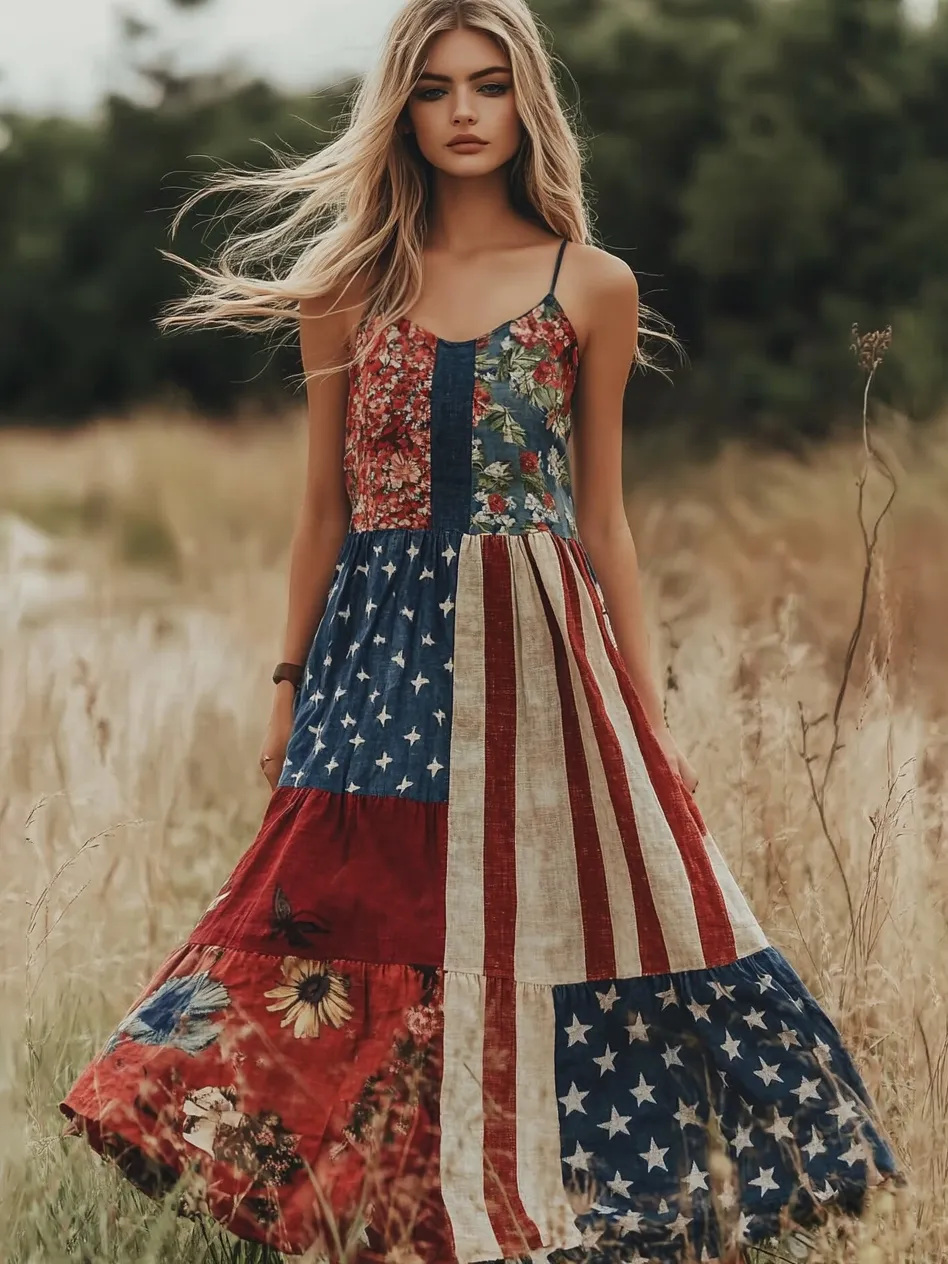 Womens Vintage Independence Day Flag Floral Art Linen Long Slip Dress