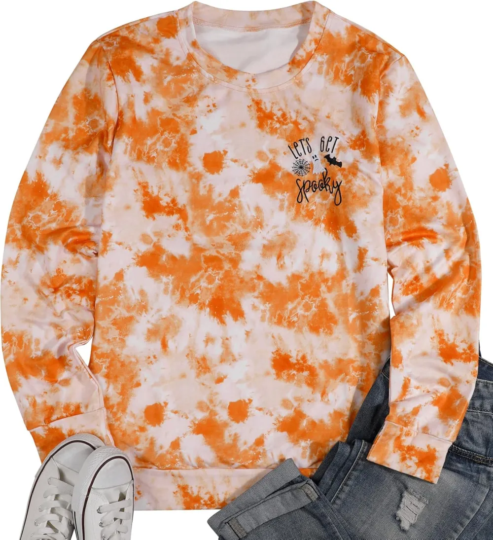 LOTUCY Halloween Sweatshirt Women Cute Spooky Season Sweatshirts Ghost Fall Embroidered Sweater Pullover Top
