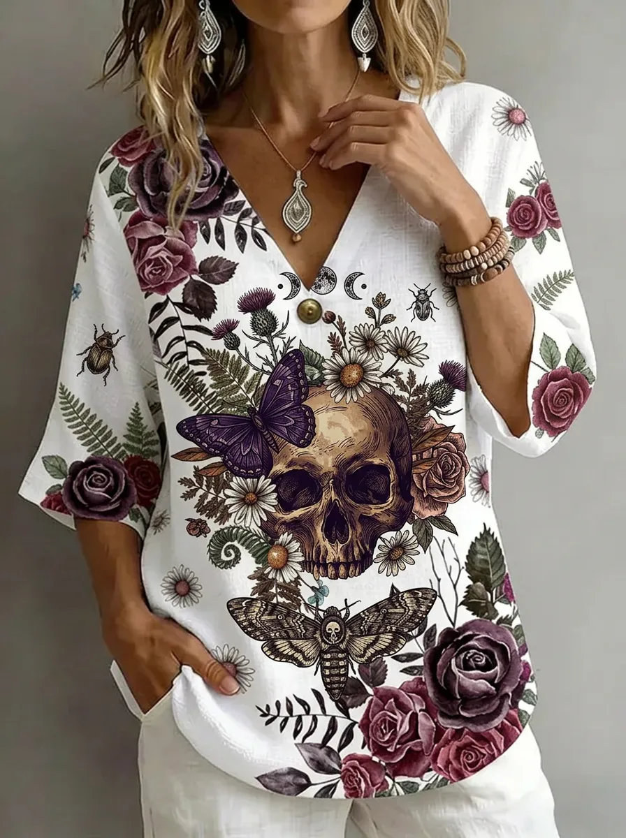 Women's Nashville Gothic Skull Butterfly Floral Printed V-neck Top