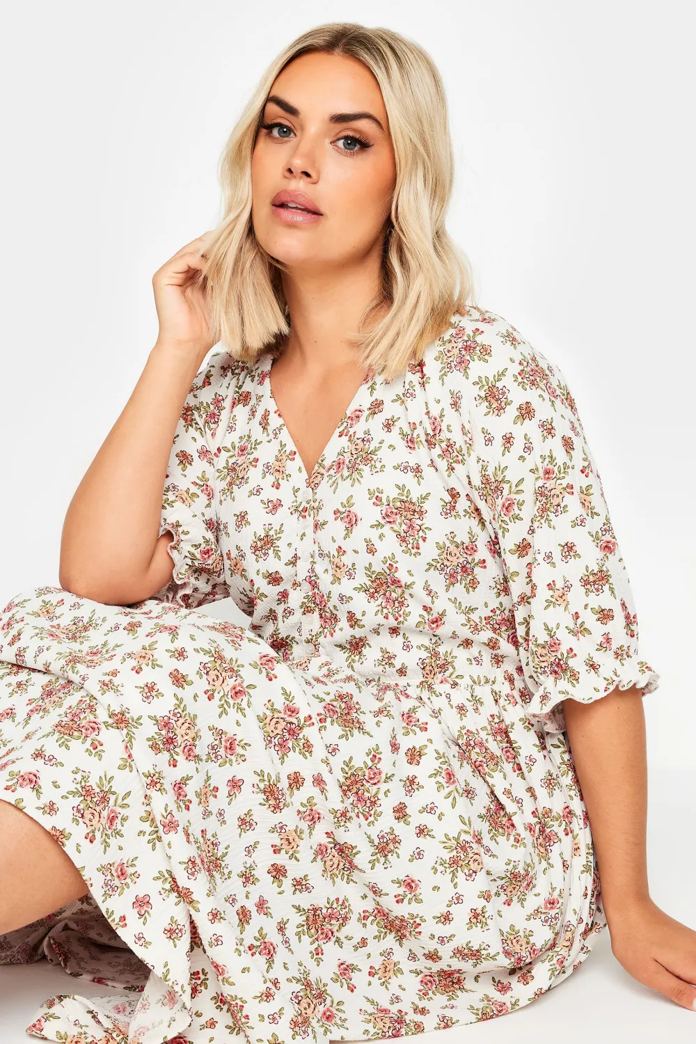 YOURS Curve White Vintage Floral Textured Midaxi Dress
